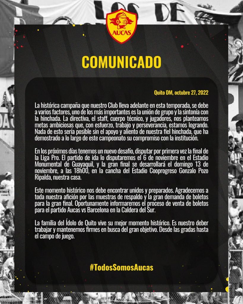 20221027 194104 ¡La final de la LigaPro Betcris 2022 entre Aucas y Barcelona se jugará en el Estadio Gonzalo Pozo Ripalda de Chillogallo! ¡El ‘Papá’ se mantendrá en su escenario deportivo y contará con hinchada visitante en este emocionante encuentro! ¡Entérate de más detalles en la rueda de prensa y redes sociales del Club!