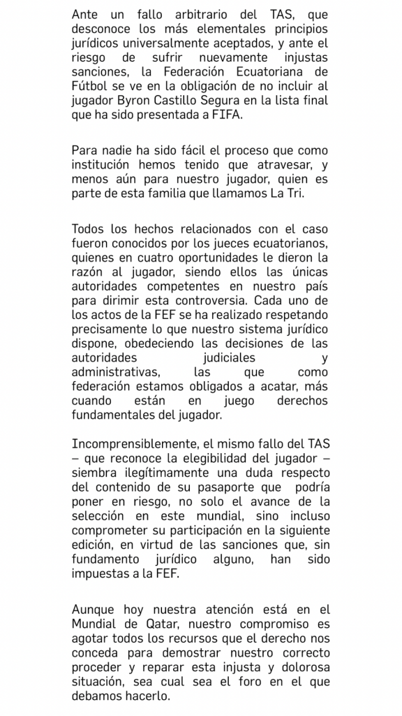 93dd2b03 b323 4ce5 a79e 3ea71168729e El seleccionado ecuatoriano Byron Castillo publicó en su cuenta de Instagram lo que sentía después de recibir la noticia de que no estaba entre los convocados para Qatar 2022