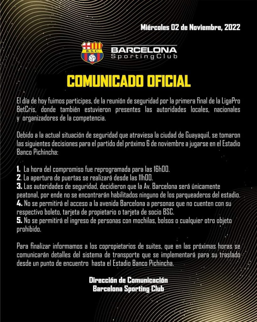 FB IMG 1667447247654 Barcelona SC emitió un comunicado oficial en su página web y redes sociales en dónde se anuncia algunas normas referentes a la primera final de La Liga Pro 2022 que se va a vivir este domingo en el estadio monumental Banco Pichincha, el comunicado indica lo siguiente: