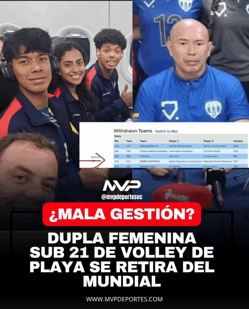 ¡PAPELÓN! DUPLA FEMENINA DE ECUADOR SE QUEDA FUERA DEL MUNDIAL DE VOLEIBOL PLAYA ¿QUÉ PASÓ? 3 image 12 La Federación Internacional de Voleibol (FIVB) confirmó en su página oficial que la dupla ecuatoriana conformada por Isabel Loayza y Raphaela Espinoza fue dada de baja del Mundial Sub-21 de Beach Volley, que se disputa en Puebla, México 🇲🇽.